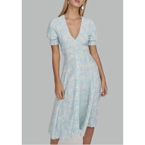 Faithfull The Brand Mejia Zhoe Floral Daisy Midi Crepe Dress Blue US 8